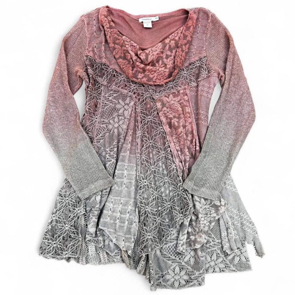 Feratelli Y2K Pink Grey Lace Knit Boho Fairy Long Sleeve Cowl Neck Top M